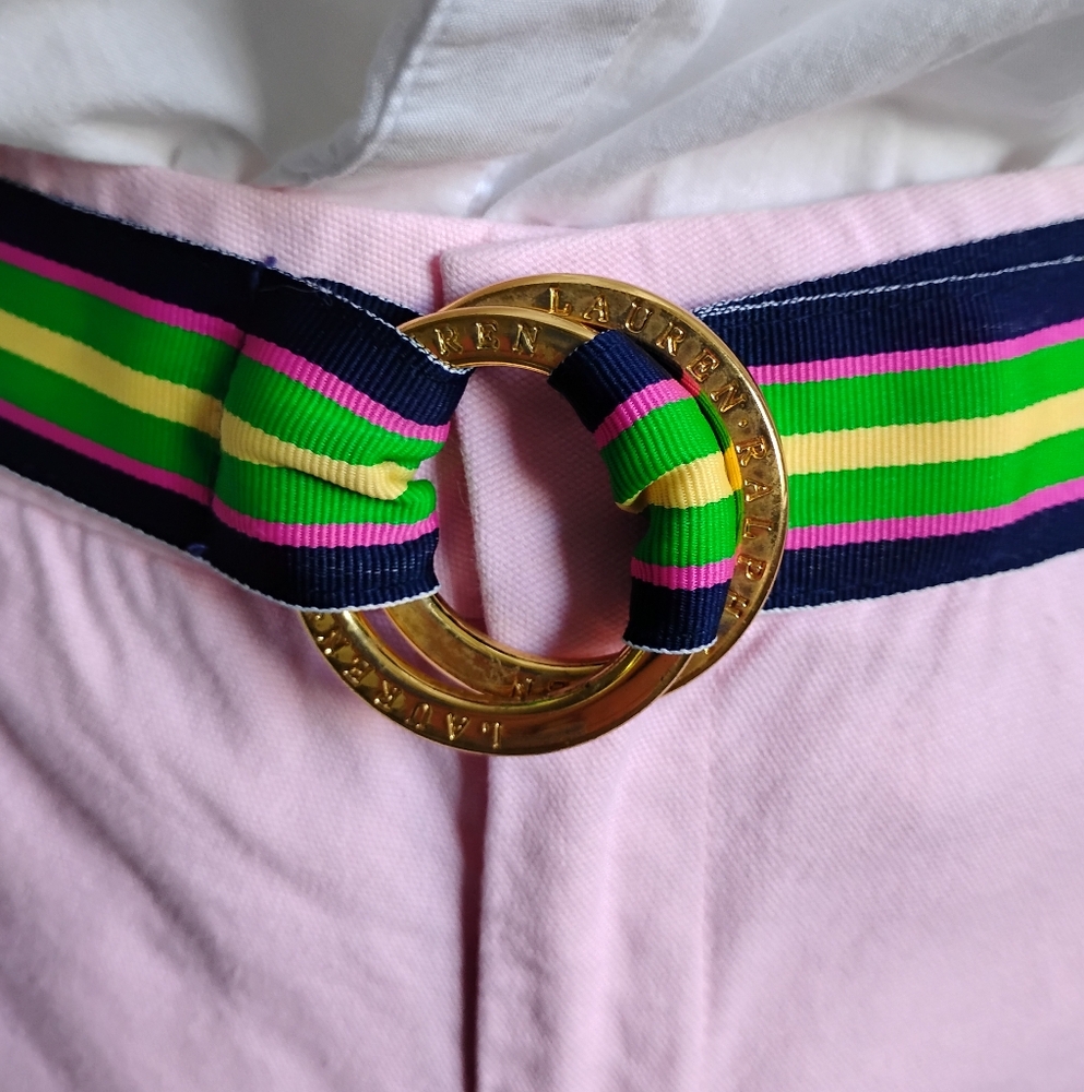 Lauren Ralph Lauren Ribbon Belt Preppy Gold-Tone Navy Blue Pink Green Size XL